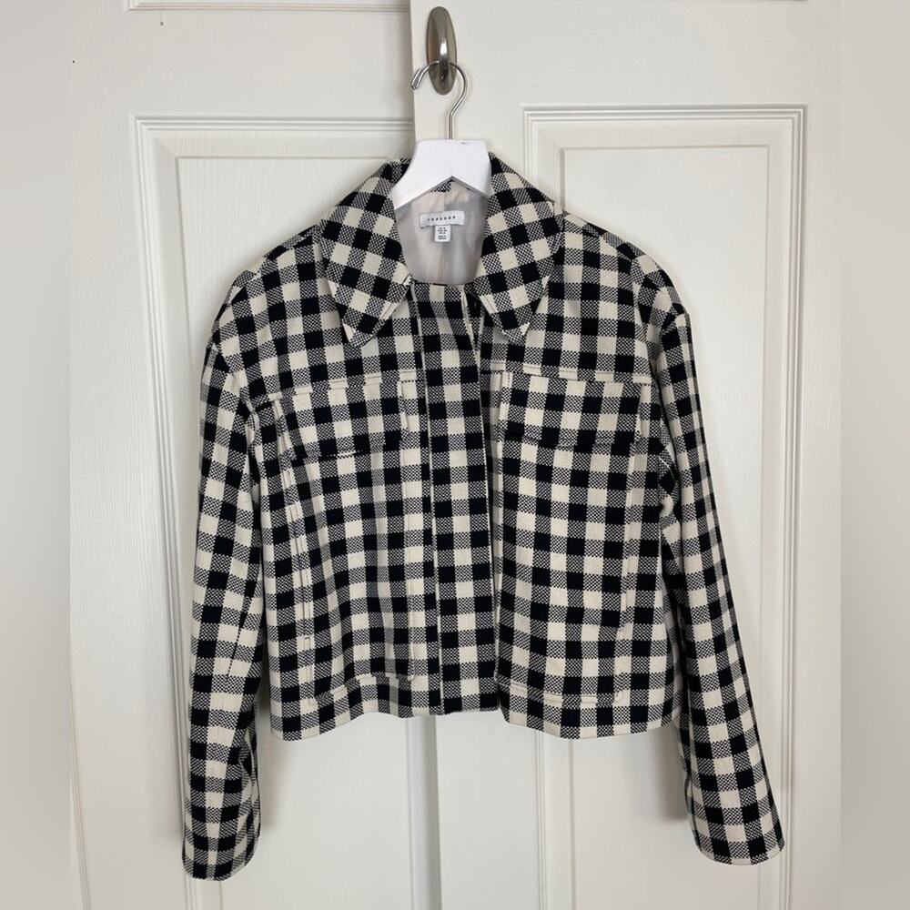 TOPSHOP Buffalo Check Cropped Jacket Black Natural Linen Blend Lined Sz 8